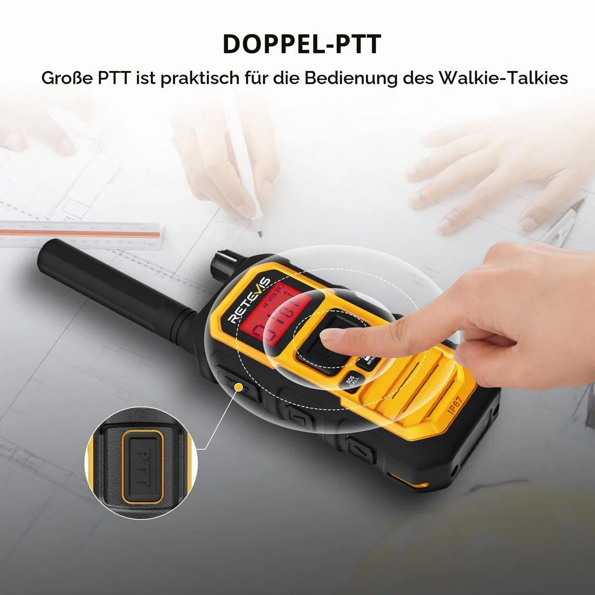 Retevis RB648Plus Walkie Talkie mit Ohrhörern, IP67 wasserdichte Funkgerät | Erweiterte Reichweite, 2000 mAh, Dual-PTT, VOX, Handfunkgeräte für Raue Industrieumgebungen (4 Stück, Gelb)