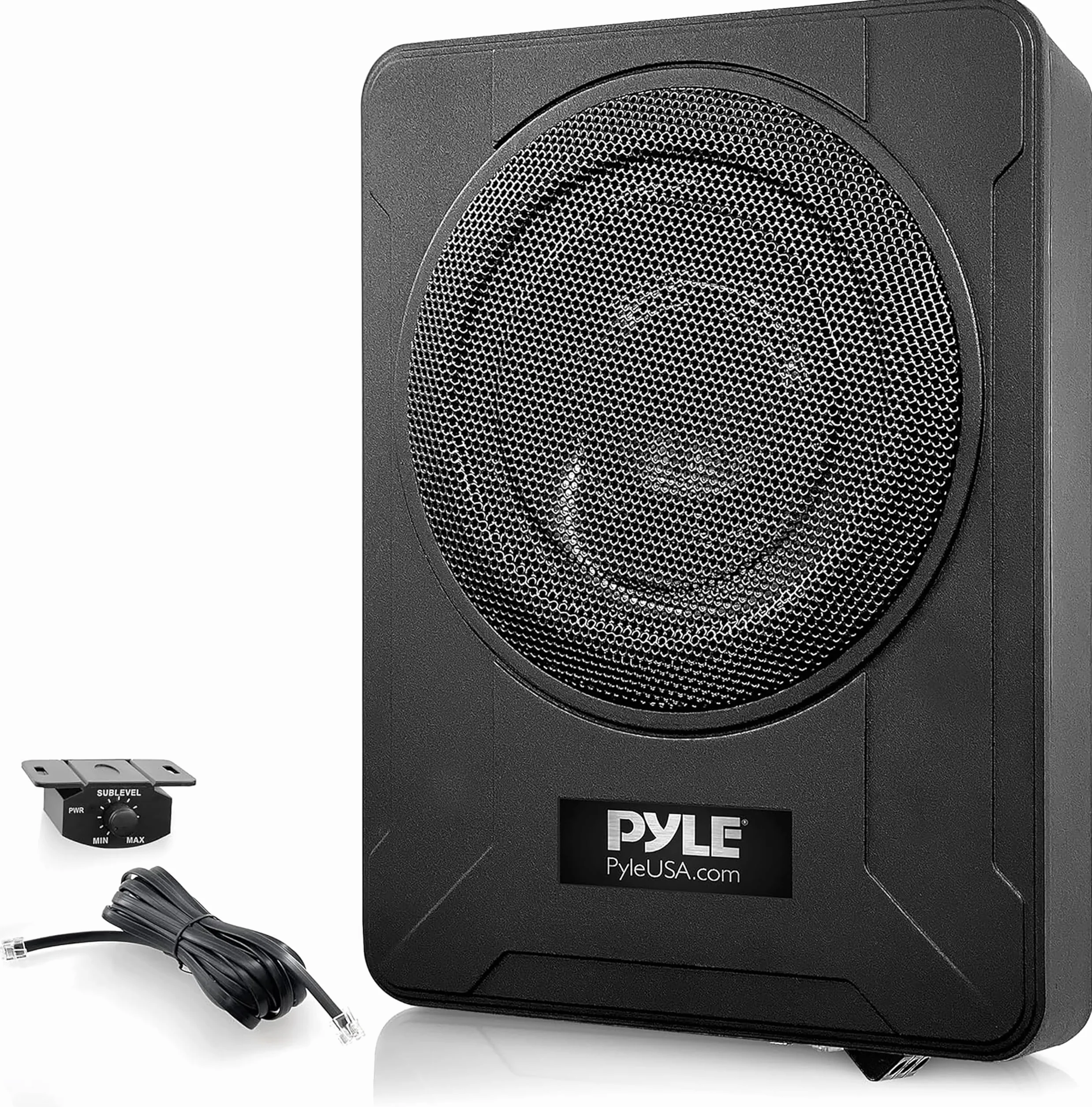 Pyle 600W Untersitz Subwoofer Aktiv – 8" Flacher Auto Lautsprecher mit Verstärker – Car & Marine Speakers mit Variabler Bassboost inkl. Montagematerial & Fernbedienung – Schlankes Design in Schwarz