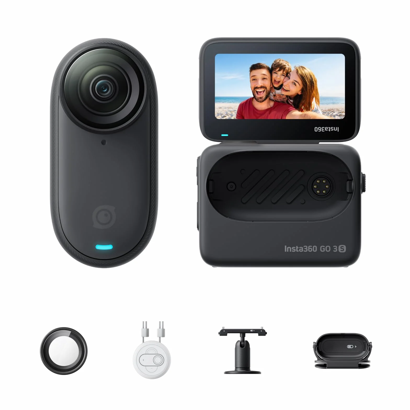 Insta360 GO 3S 64 GB Nachtschwarz - Tragbare 4K Mini-Kamera, Freihand-POVs, Überall anbringbar, Stabilisierung, 140 min Akku, 10 m wasserdicht, KI-Bearbeitung, Apple Find My, für Vlogs
