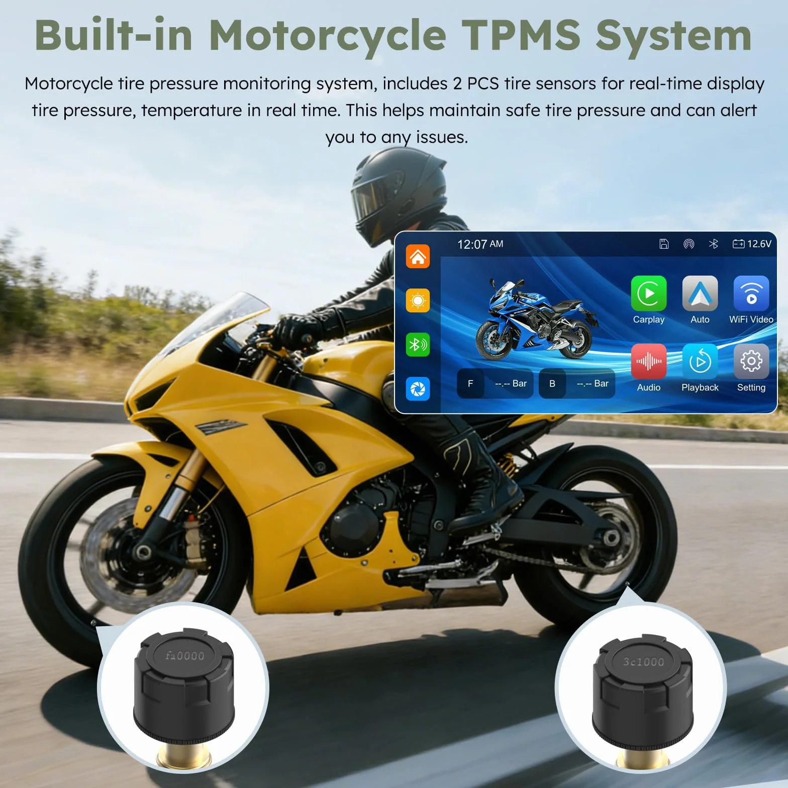 Carpuride W603DT für Motorrad mit CarPlay, Android Auto und TPMS–HD 1080p Dashcam, 6,3-Zoll-Touchscreen Wasserdicht, Drehbar für Navigation, Bluetooth, Loop-Aufnahme und Kabelgebundene Fernbedienung