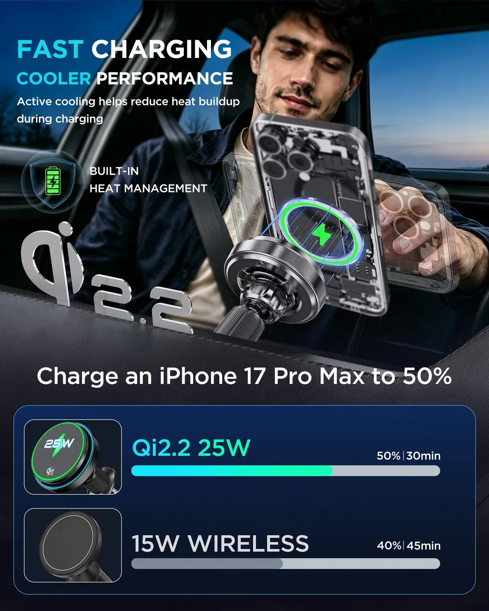 MSXTTLY Auto Ladegerät für MagSafe, 25W Qi2.2-Zertifiziert mit 63W Schnellladegerät, magnetische Handyhalterung fürs Auto für iPhone 17 Pro Max/17/16, Samsung Galaxy, Pixel