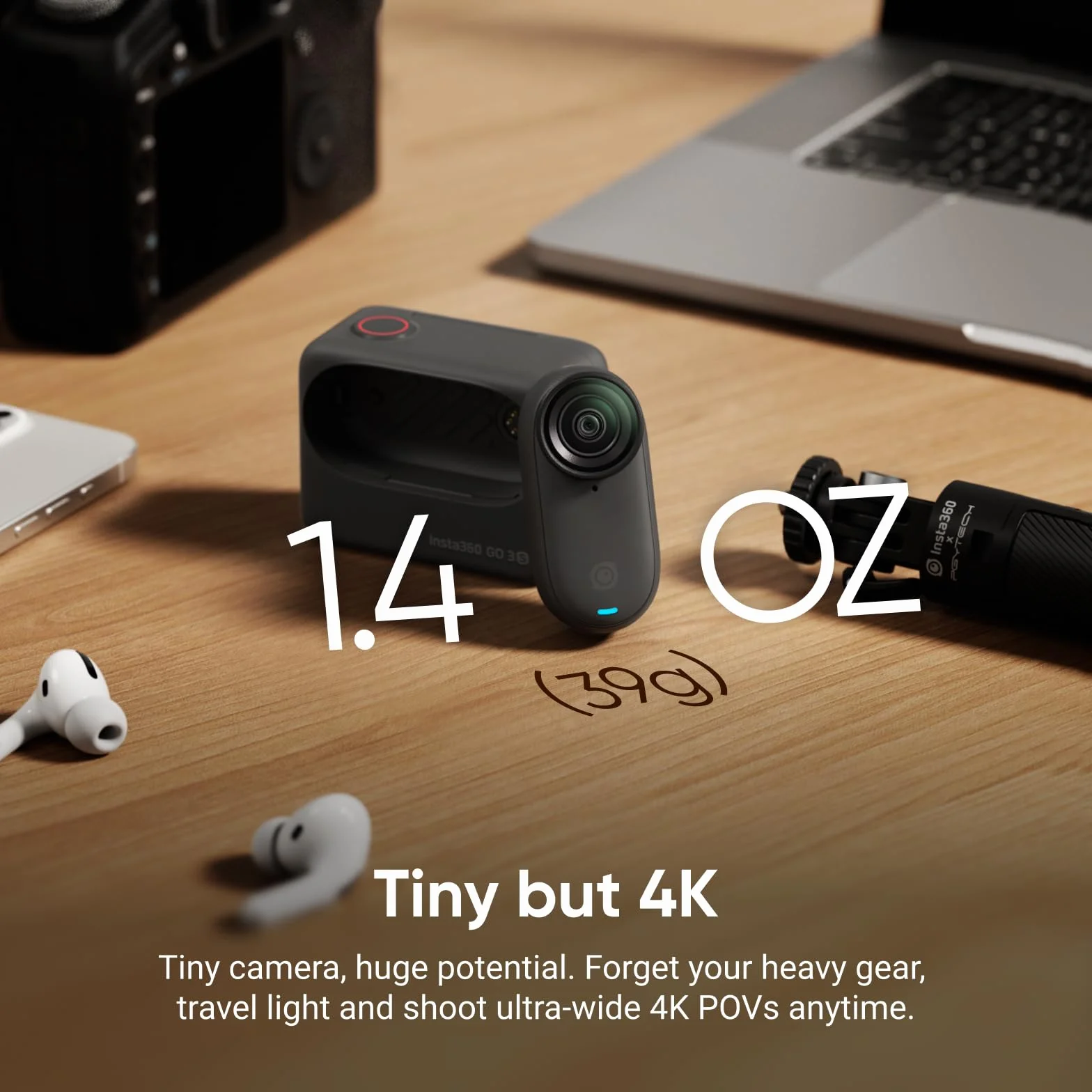 Insta360 GO 3S 64 GB Nachtschwarz - Tragbare 4K Mini-Kamera, Freihand-POVs, Überall anbringbar, Stabilisierung, 140 min Akku, 10 m wasserdicht, KI-Bearbeitung, Apple Find My, für Vlogs
