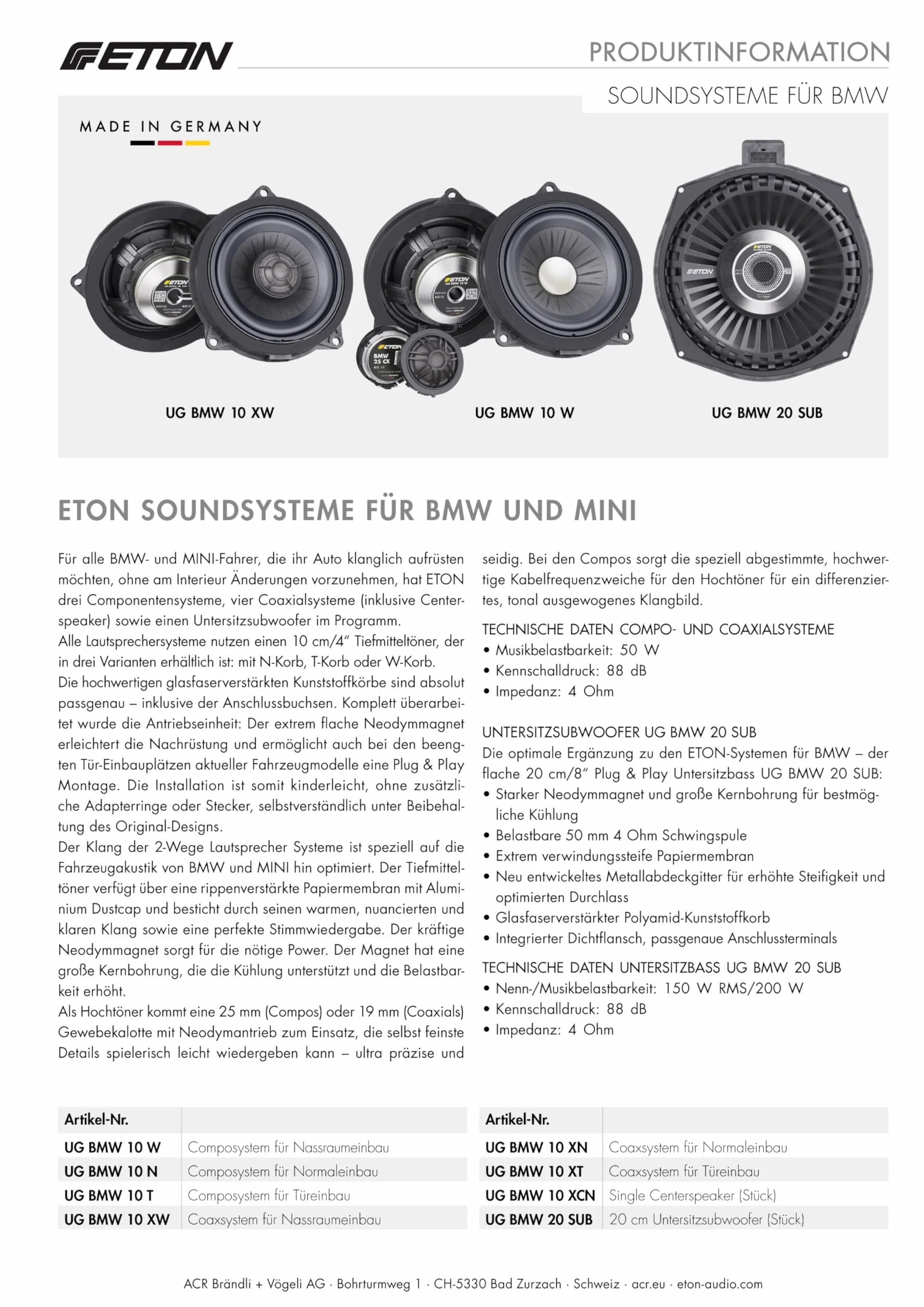 ETON UG-BMW20SUB – Power 8“ / 20 cm Auto Untersitz Subwoofer, kompatibel mit BMW und Mini Fahrzeugen, Flacher Plug & Play Underseat Bass, 200 W, 1 Stück