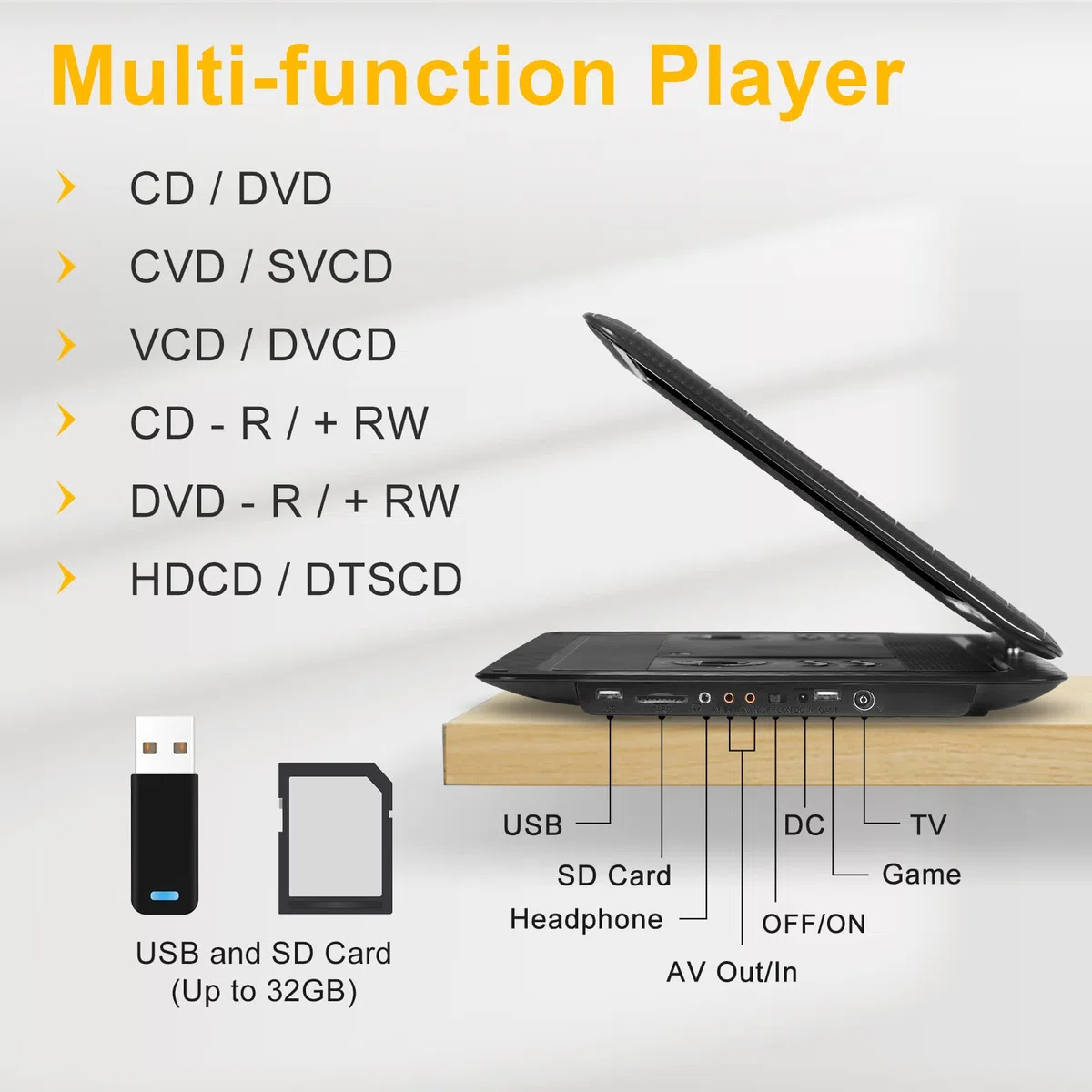 Tragbarer DVD-Player mit 43,4 cm (19,7 Zoll) großem HD-Bildschirm, 5 Stunden Akku, DVD-Player, tragbar mit Kfz-Ladegerät, tragbarer Kinder-DVD-Player, unterstützt alle Regionen-Discs, USB- und