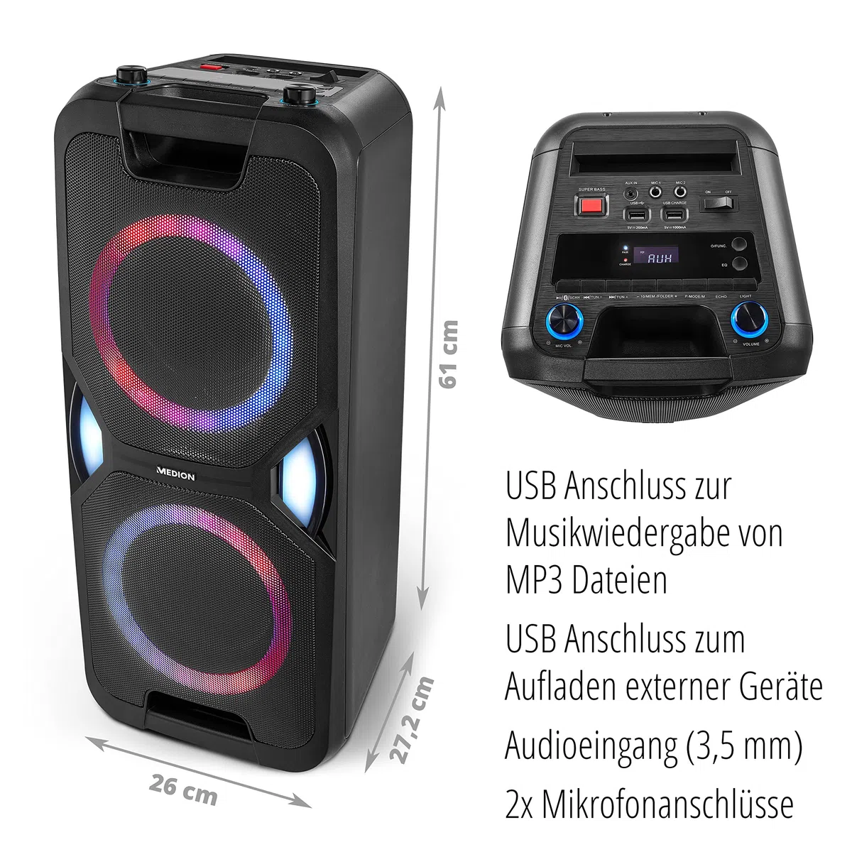 MEDION P67038 Party-Soundsystem (Partylautsprecher, Karaoke, Akku, UKW Radio, Bluetooth 5.0, Kompaktanlage, 2X 220 Watt, Farbige LED, USB, AUX, 2X Mikrofonanschluss)