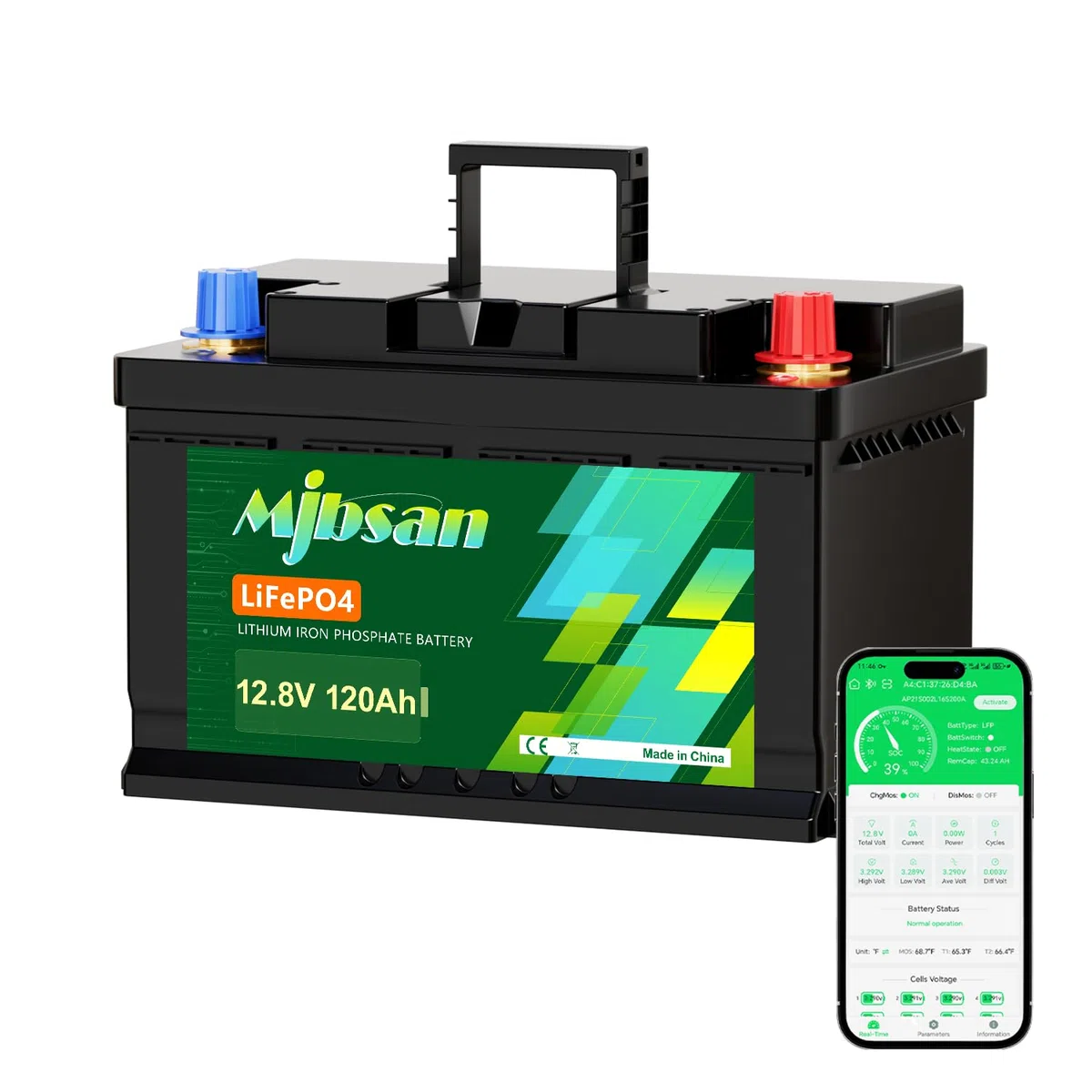 Mjbsan 120Ah 12V mini LiFePO4 Bluetooth Batterie mit 188mm Höhe,Max.1536Wh Energie 12.8V Lithium Batterie,100A BMS Tieftemperaturschutz, für Stromspeicher,Wohnmobil,Wohnwagen,Solar