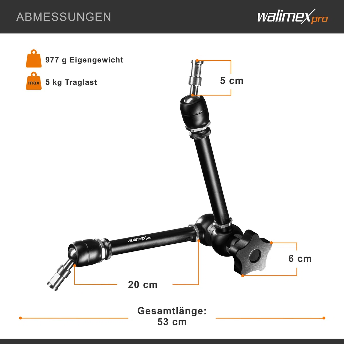 Walimex pro Gelenkarm XL SP – 530 x 80 x 80 mm – Stabiler Friktionsarm mit 5kg Belastbarkeit und 53cm Länge – für DSLRs, Videokameras, Beleuchtung- mit 5/8" Spigotanschlüssen und zentraler Rasterung
