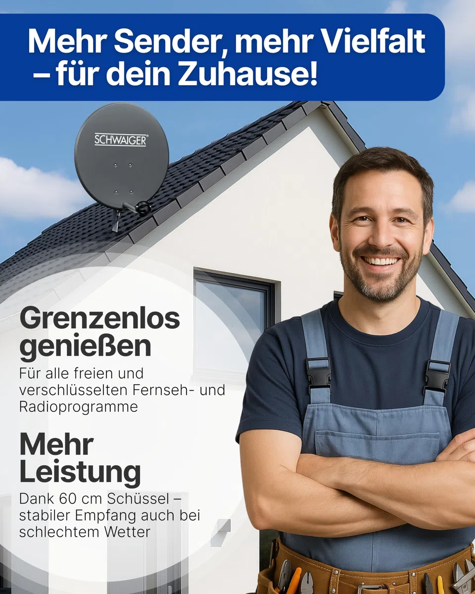 SCHWAIGER Satellitenschüssel Komplettset I Ø 60 cm Stahl Offset Antenne in Anthrazit I Inkl. sonnengeschütztes Single LNB 1-Fach I Digital HD Empfang I Integrierte Kabelführung & wetterfest