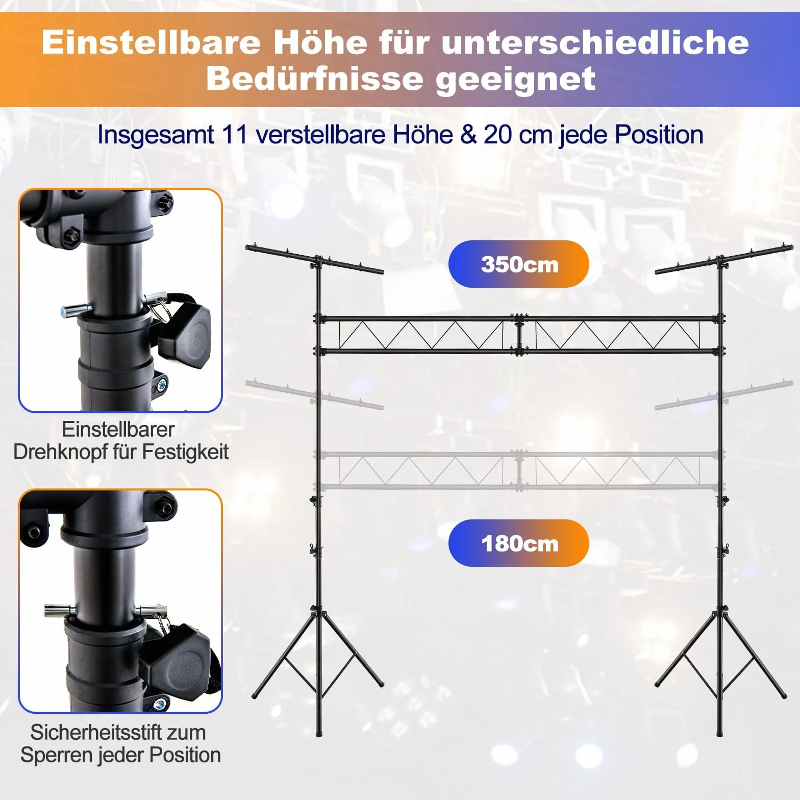 FANTASK DJ-Lichtstativ 180-360cm höhenverstellbar aus Metall, Lampensaktivm, Beleuchtungsativ mit einziehbaren T-Stangen bis 100kg Belastbar für Konzerte, Theater & Partys, 462 x 143.5 x 181cm