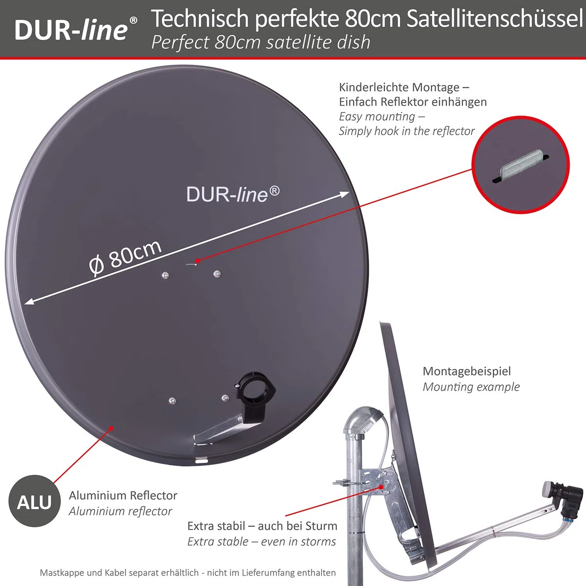 DUR-line MDA 80 Anthrazit - Digiatale 4 Teilnehmer Satellitenschüssel Komplett-Anlage mit +Ultra Quad - LNB [Camping, Astra 19,2°, DVB-S/S2, Full HD, 4K, 3D]