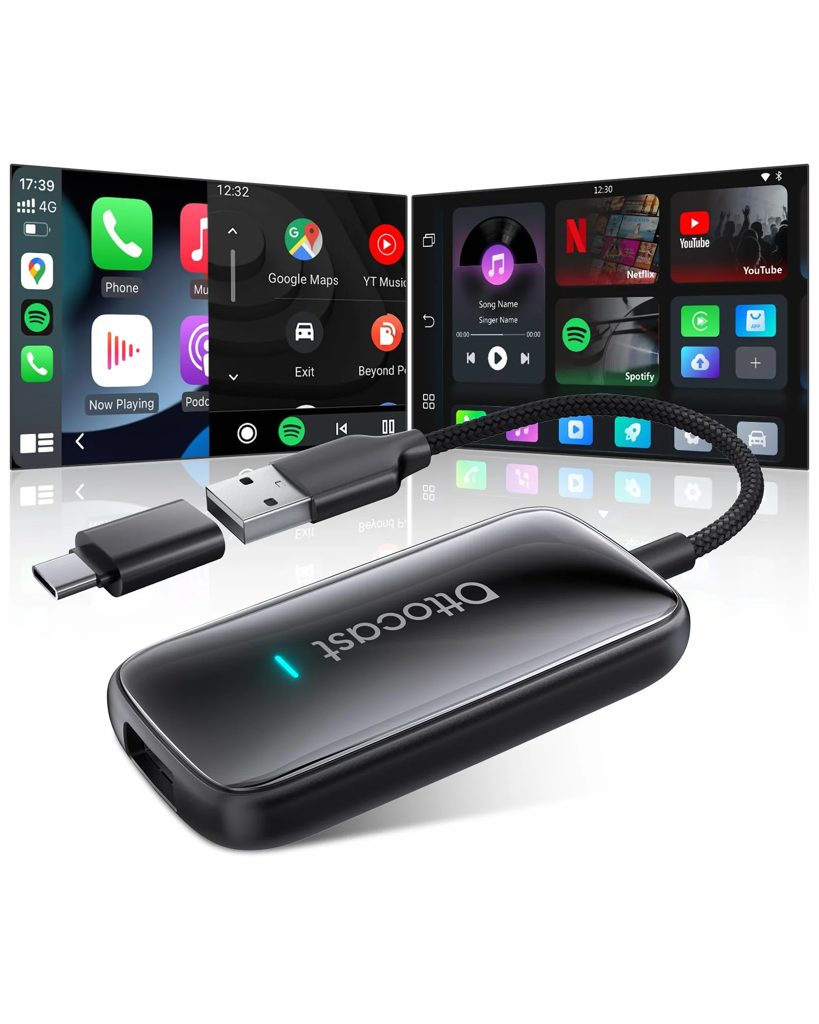 OTTOCAST Play2Video Ultra, Kabelloser CarPlay Adapter & Android Auto AI Box mit Netflix YouTube WiFi 6 5G Bluetooth 5.4 CarPlay Netflix Adapter für die meisten Fahrzeuge ab 2016