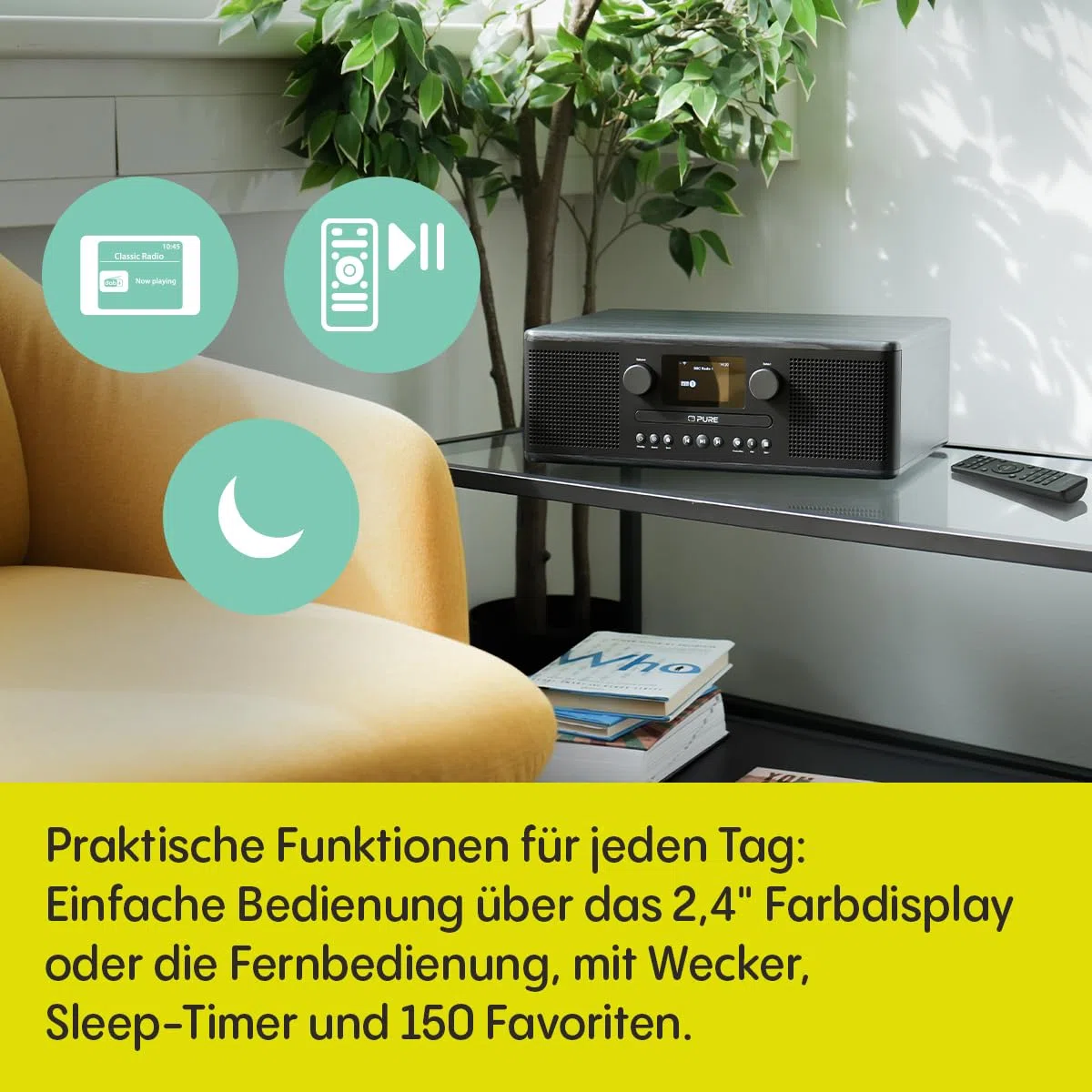 Pure Classic C-D6i – All-in-One Internetradio mit WLAN, DAB+/FM, Bluetooth 5.3, CD-Player, USB, AUX, 150 Speicherplätze, 2X 15W Stereo-Sound, Farbdisplay, Wecker & Sleep-Timer – Schwarz