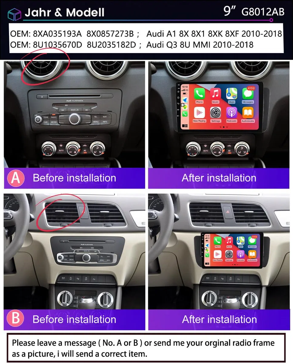 9" Android Auto GPS Radio Navigator Navigation Carplay Head Unit Fit for Audi A1 8X 8X1 8XK 8XF 2010-2018;OEM: 8XA035193A 8X0857273B mit BT FM USB RDS TPMS SWC DAB Pip Mirror Link