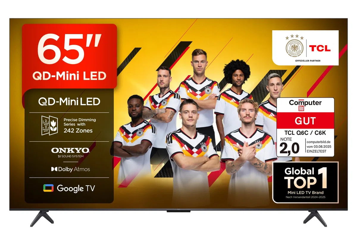 TCL 65Q6C 65 Zoll QD-Mini LED Fernseher, 4K HDR Premium 1000nits, Smart TV mit Google TV (Dolby Vision IQ & Atmos, Onkyo 2.1 Soundsystem, 144Hz Motion Clarity Pro, Game Master)