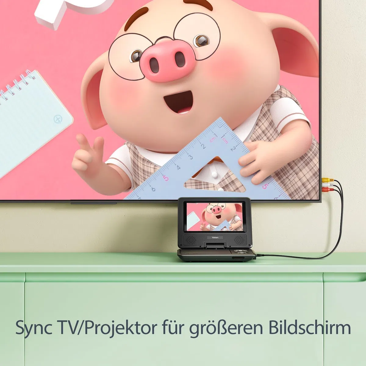 9.5" Tragbarer DVD Player mit 7.5" HD Schwenkbildschirm für Auto und Kinder, 4-6 Stunden Betriebszeit mit eingebautem Akku, Unterstützung für Kopfhörer/AV-IN/AV-Out/USB [Kein Blu-ray Support]
