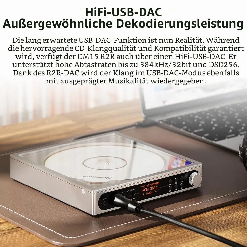 FiiO DM15 Tragbarer Stereo-CD-Player mit echtem 24-Bit-R2R-DAC, 1150 mW + 1150 mW Hochleistungsausgang, aptX adaptiver Bluetooth-Sender, 24 Soundvoreinstellungen, USB/CD HiFi Audio, HD-Display