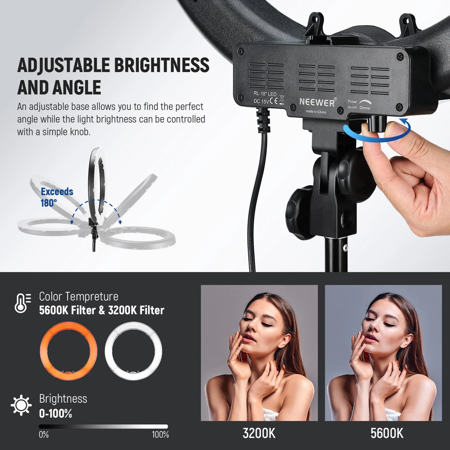 NEEWER Ringlicht mit Stativ Set: 18 Zoll/45cm Außen 55W 5600K Dimmbare LED Ringleuchte mit Bluetooth Fernbedienung für Handy/Kamera für YouTube TikTok Self Porträt Foto, Tätowierer, Make up, Salons