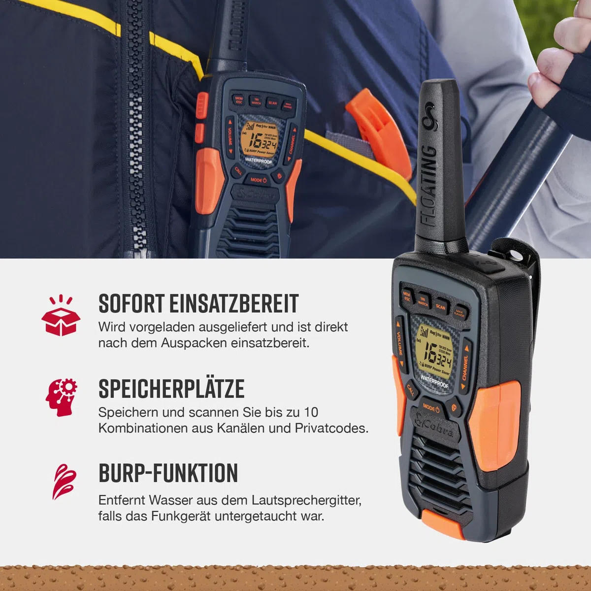 Cobra AM1055 Schwimmfähige und wasserdichte Walkie-Talkies (2er-Pack) – 12 km Reichweite, 16 Kanäle und 121 Codes zur Privatsphäre, VibrAlert, Wiederaufladbare Zwei-Wege-Funkgeräte, Schwarz