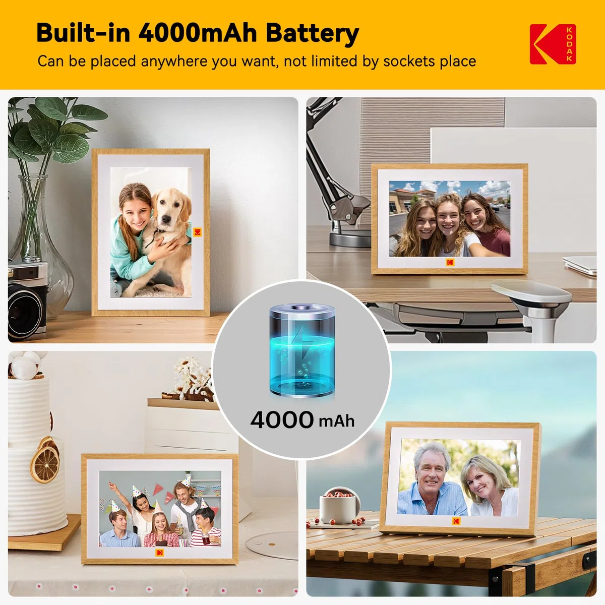 KODAK Digitaler Bilderrahmen 10 Zoll mit 4000mAh Li-Akku, WLAN Digitale Fotorahmen mit 32GB Speicher, IPS HD Touchscreen, Auto-Rotat, Elektronischer Bilderrahmen Teilen Sie Fotos und Videos