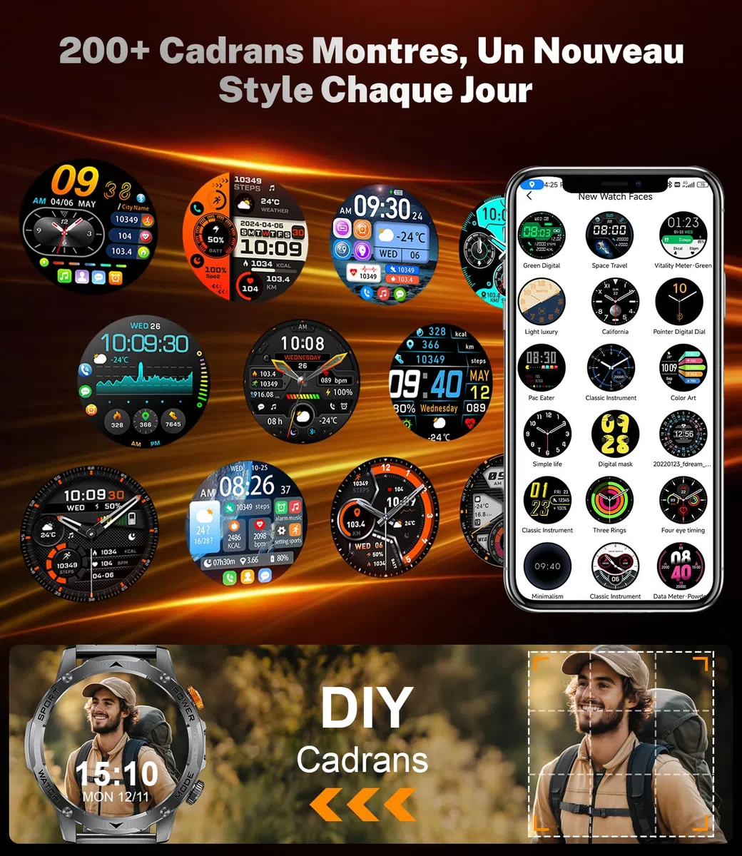 Militär Smartwatch Herren - 1000 mAh/1,75" HD Großes Touchscreen/LED-Licht, 5ATM wasserdicht Fitnessuhr mit 120+ Sportmodi, Herz-/Schlaftracking,3 Armbändern,Sportuhr iOS/Android Schwarz