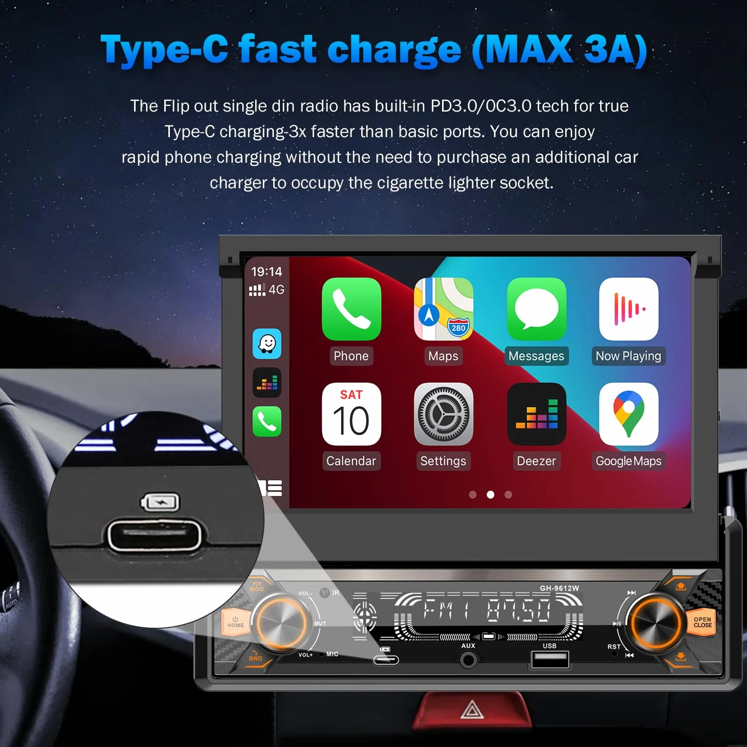 Autoradio 1DIN mit Ausklappbarer Bildschirm(7 Zoll automatisch), Kompatibel mit [Wireless] Apple CarPlay/Android Auto Bluetooth Typ-C USB(3A Schnellladung) AM/FM/RDS Radio Rückfahrkamera AUX