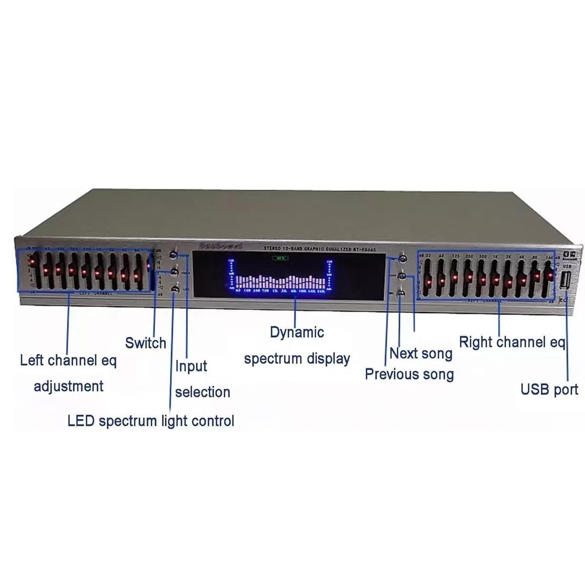 HiFi Audio Equalizer - Professioneller digitaler Grafik-Equalizer mit integriertem Bluetooth- und LED-Spektrum-Display, inklusive Fernbedienung und dynamischem Rhythmus-Tuner für Studio- und