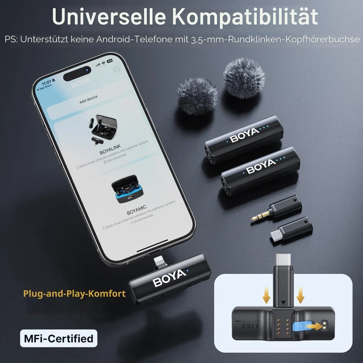 BOYA BOYALINK 2 A2 Drahtloses Lavalier-Mikrofon für iPhone, Kamera, Android, Kabellos Mini Mikrofon, 48 kHz 24 Bit, 1000ft, Rauschunterdrückung, Clip on Mic USB-C/Lightning/3.5mm TRS