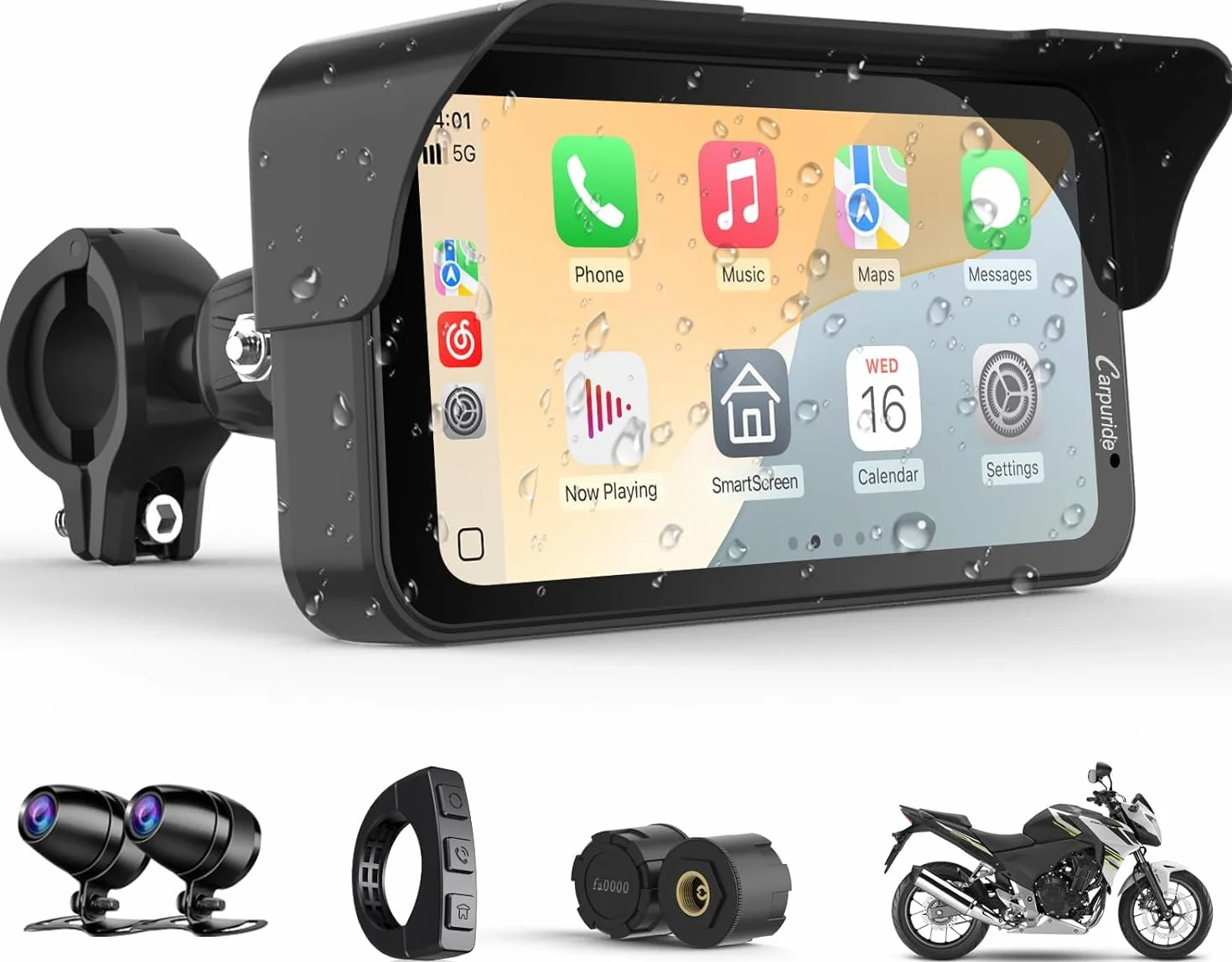 Carpuride W603DT für Motorrad mit CarPlay, Android Auto und TPMS–HD 1080p Dashcam, 6,3-Zoll-Touchscreen Wasserdicht, Drehbar für Navigation, Bluetooth, Loop-Aufnahme und Kabelgebundene Fernbedienung