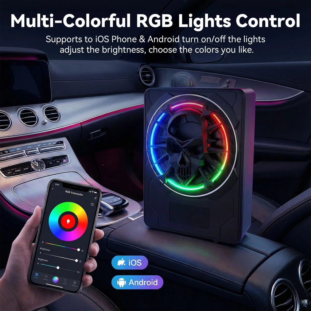 OiLiehu Untersitz Auto Subwoofer 1200W, 10" Schlanker Auto Subwoofer mit Stereo-Surround-Sound, Integrierter Audioverstärker, mit mehrfarbigem LED-Umgebungslicht