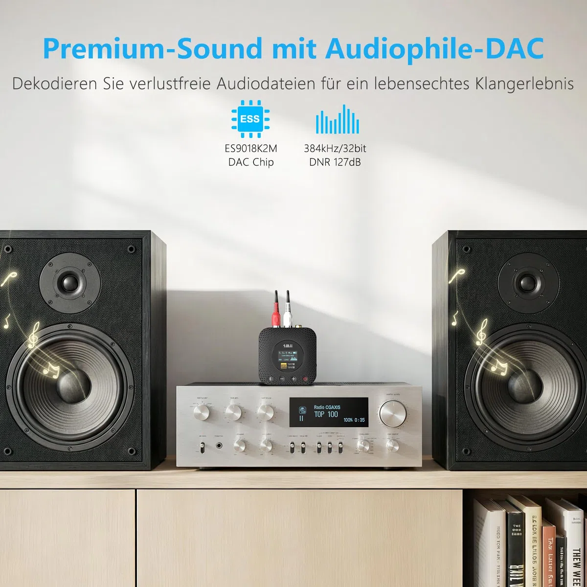 1Mii B06HD+ Hi-Res Bluetooth 5.3 Receiver mit LDAC & aptX HD, Audiophiler DAC & OLED-Display – Kabelloser Audio-Empfänger für Stereoanlage & Lautsprecher (Optisch/Cinch/Koaxial)