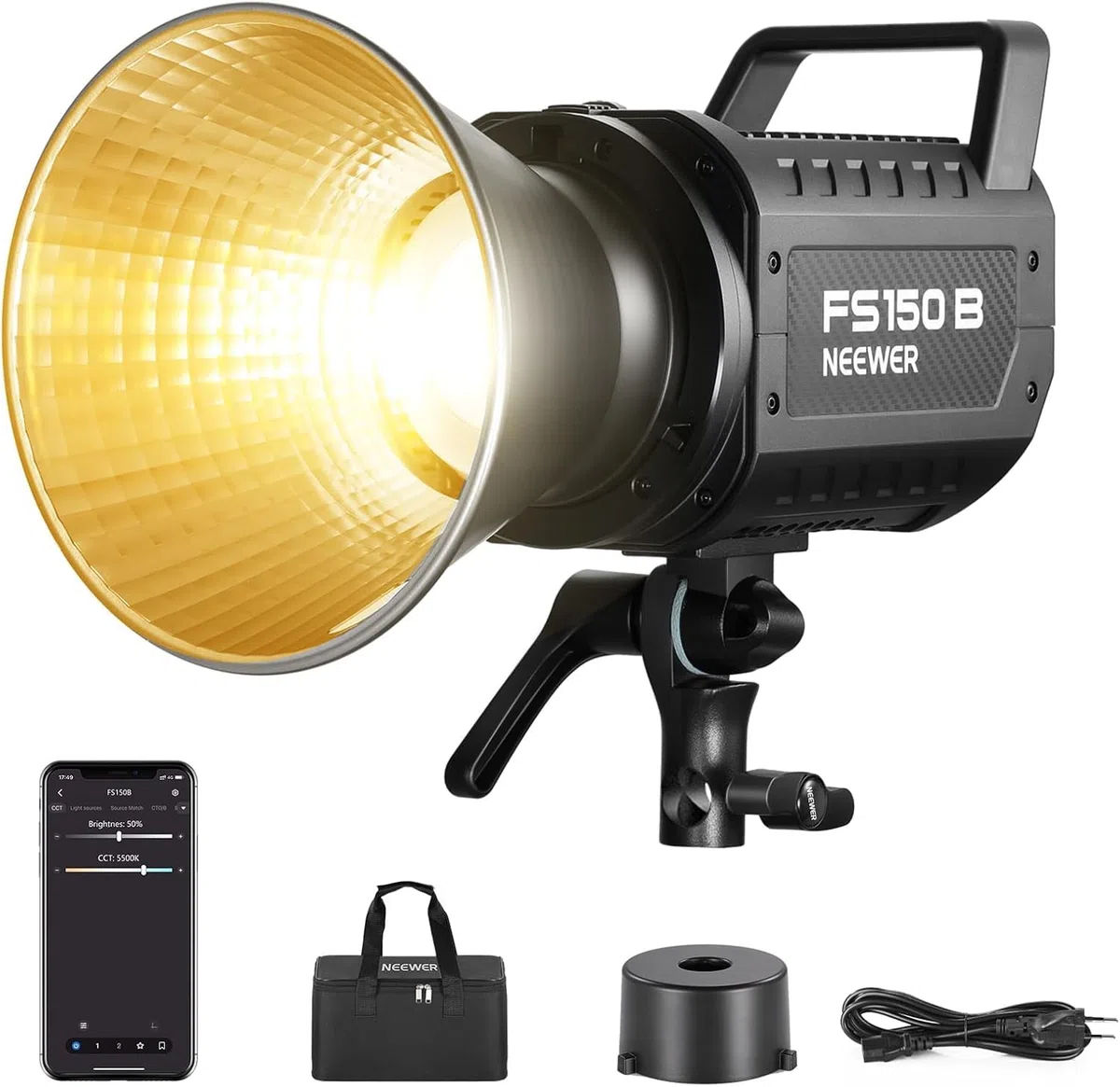 NEEWER FS150B LED Videoleuchte mit 2,4G/APP Steuerung, 130W Bi Color COB leise - Studio Dauerlicht mit 4 Arten präziser Dimmung, 72000 Lux/1m 2700K-6500K, LED Light, Power Adapter,Wireless 2.4G,Black