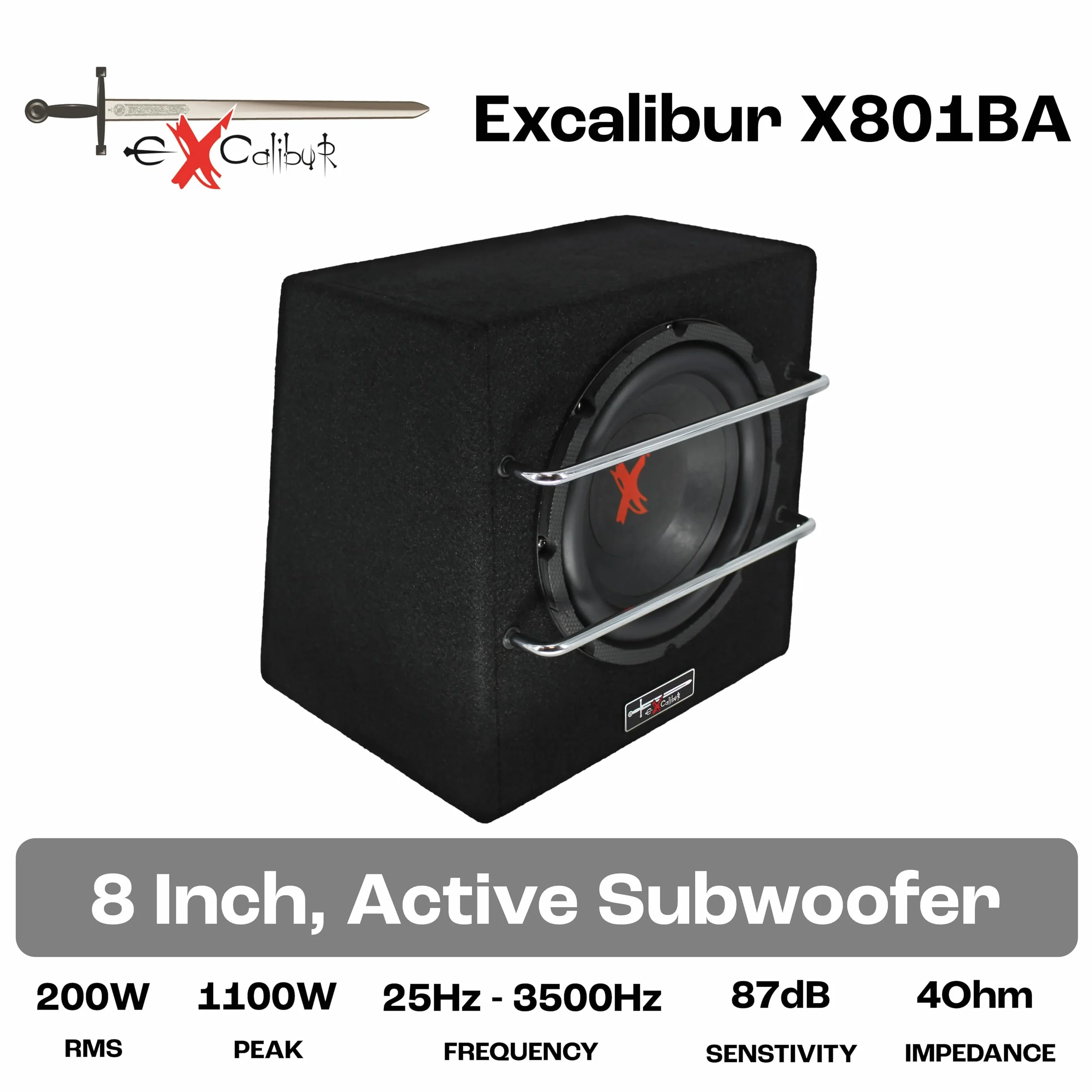 Excalibur X801BA, 8 Zoll Aktiver Auto Subwoofer, Integrierter Verstärker, Untersitz-Bassbox mit Class-AB Technologie, Hoch-/Niederpegel Eingänge, Auto Turn-On und Fernbedienung für den Fahrzeugeinsatz