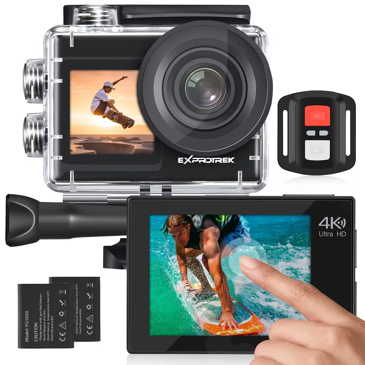 4K-Action-Kamera mit Touchscreen, EIS Einstellbarer Blickwinkel, 40 m wasserdichte Unterwasserkamera, ferngesteuerte Sportkamera & Amazon Basics Kopfgurt für GoPro Actionkamera