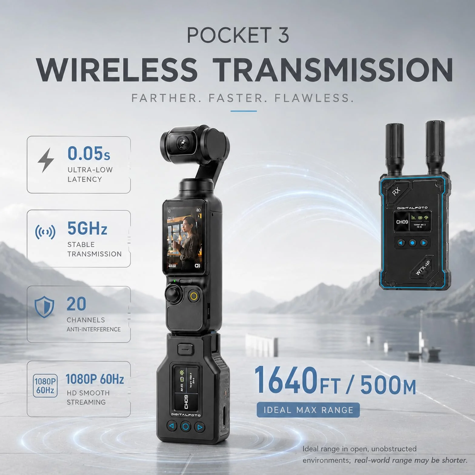 DF DIGITALFOTO WTX-4P Wireless HDMI Transmitter & Receiver für DJI Osmo Pocket 3, 500m Reichweite, 0,05s niedrige Latenz, 1080P60 UVC & HDMI Ausgang, 1TX bis 5RX Video Funkübertragung mit Mini Stati