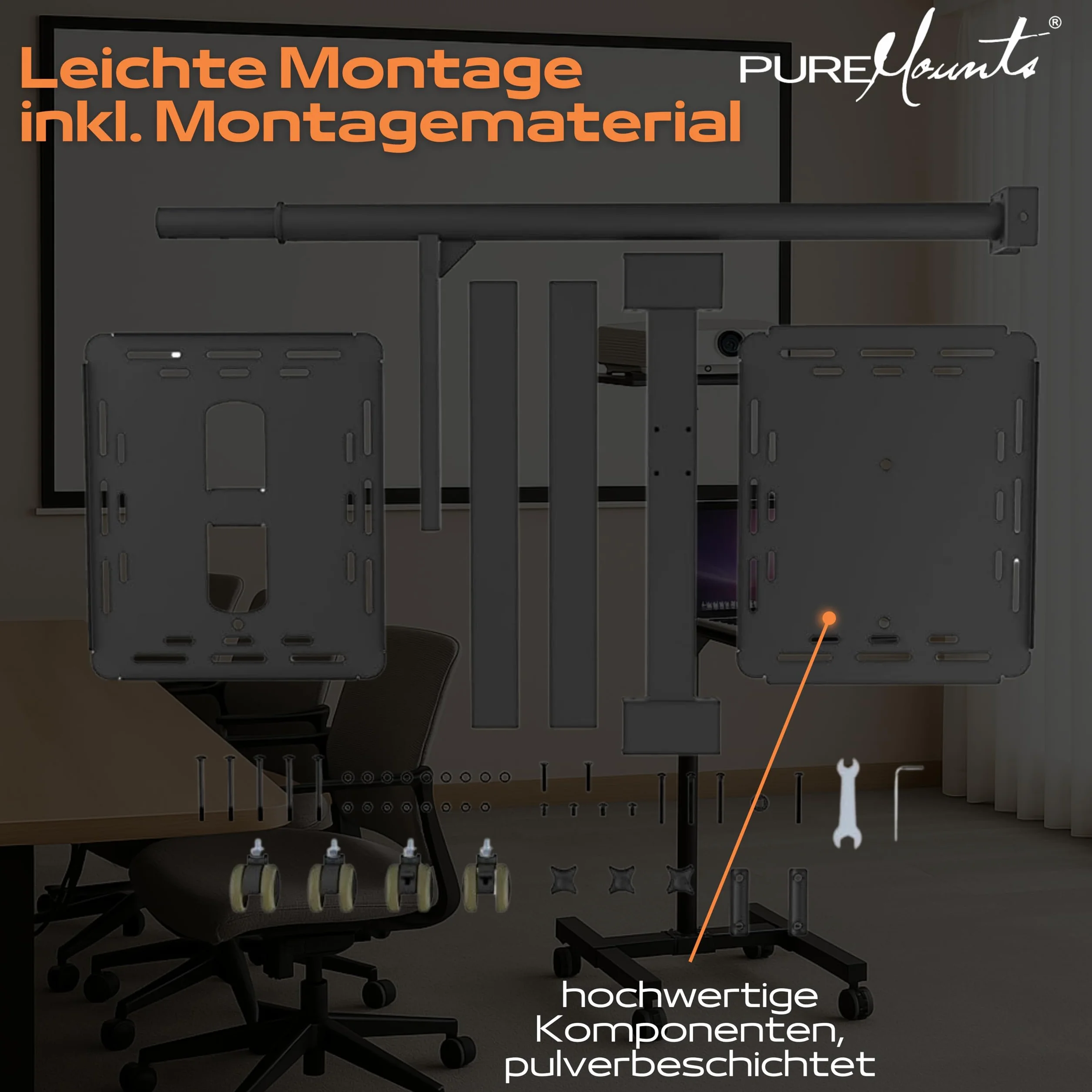 PureMounts PM-PCART-10 - Neigbarer Projektionswagen/Projektionstisch für Beamer und Projektor, flexibel einstellbar (950mm bis 1450mm), feststellbare Rollen, Tragkraft 10kg, Farbe schwarz