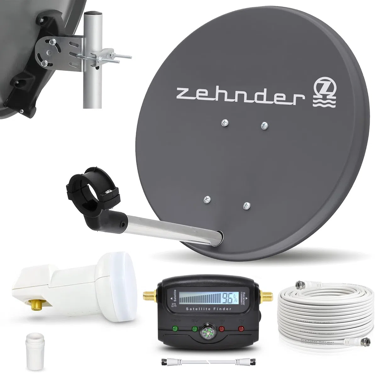 Digitale Camping Sat Anlage Spiegel 40 cm Single LNB 0,1 dB + Koaxialkabel 10m Kabel Sat Finder Balkon Caravan Mobil Schüssel Antenne für HDTV HD Sky 3D 4K