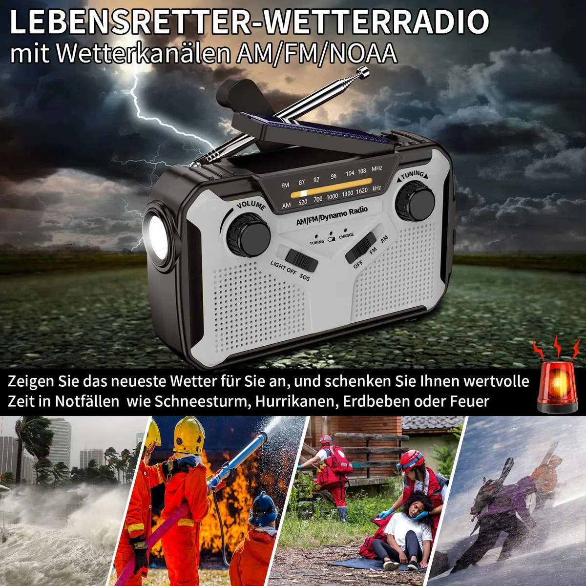 Solar Radio, AM/FM Tragbar Kurbelradio Dynamo Notfallradio mit 4000mAh Wiederaufladbare Batterie, Led Taschenlampe, SOS-Alarm für Camping, Ourdoor, Notfall (Grey)