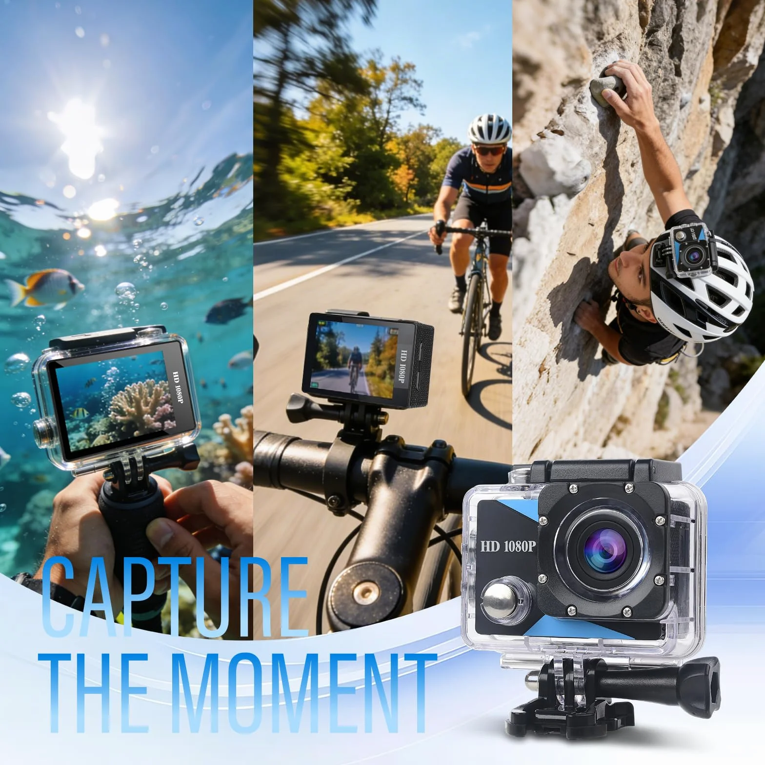 Action Cam FHD 1080P, wasserdichte Unterwasserkamera 98FT/30M, Sports Cam mit 2 wiederaufladbaren Batterien und Zubehör-Set