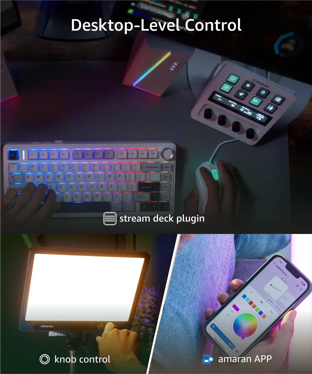 amaran Verge Bi-Color Key Light für den Schreibtisch, 2700K–6500K Soft Edge-LED-Panel, CRI 96, Frontregler & USB-C-Stromversorgung, ideal für Streaming, Videocalls & Content-Erstellung – Weiß
