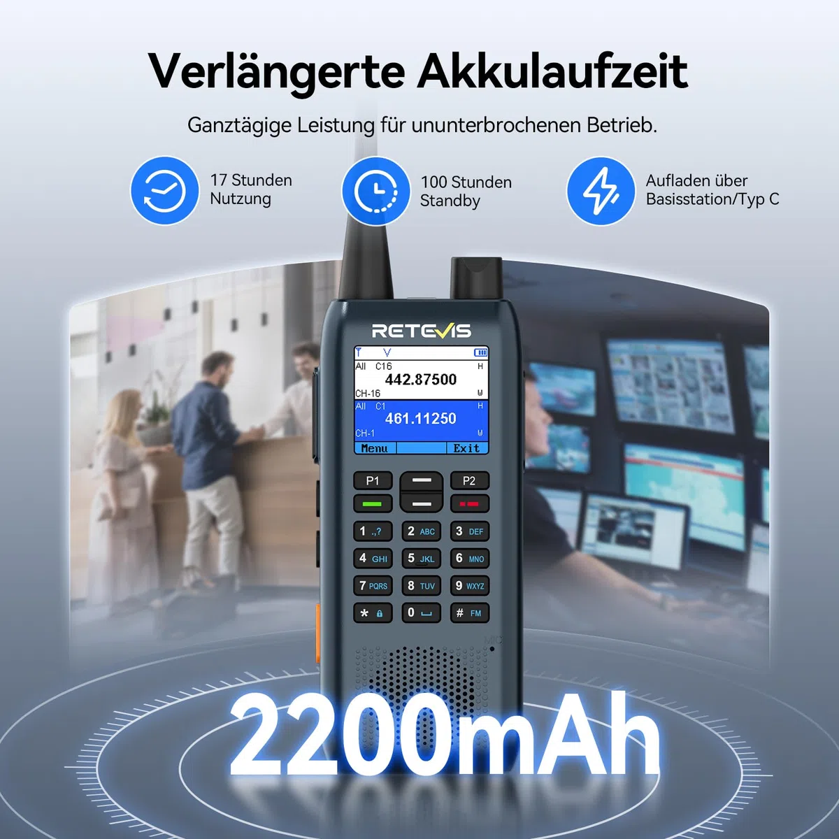 Retevis MateTalk C63 Funkgerät mit Headset, Jobticket-System-Vibrationsalarm/SMS-Funktion, 1,77-Zoll-LCD, 2200 mAh, 3 Anrufmodi, Schlankes Walkie Talkie 4er Set für Einkaufszentren (4er-Pack) | Einkaufszentren, SMS-Funktion, Vibrationsalarm, Gruppenanruf,