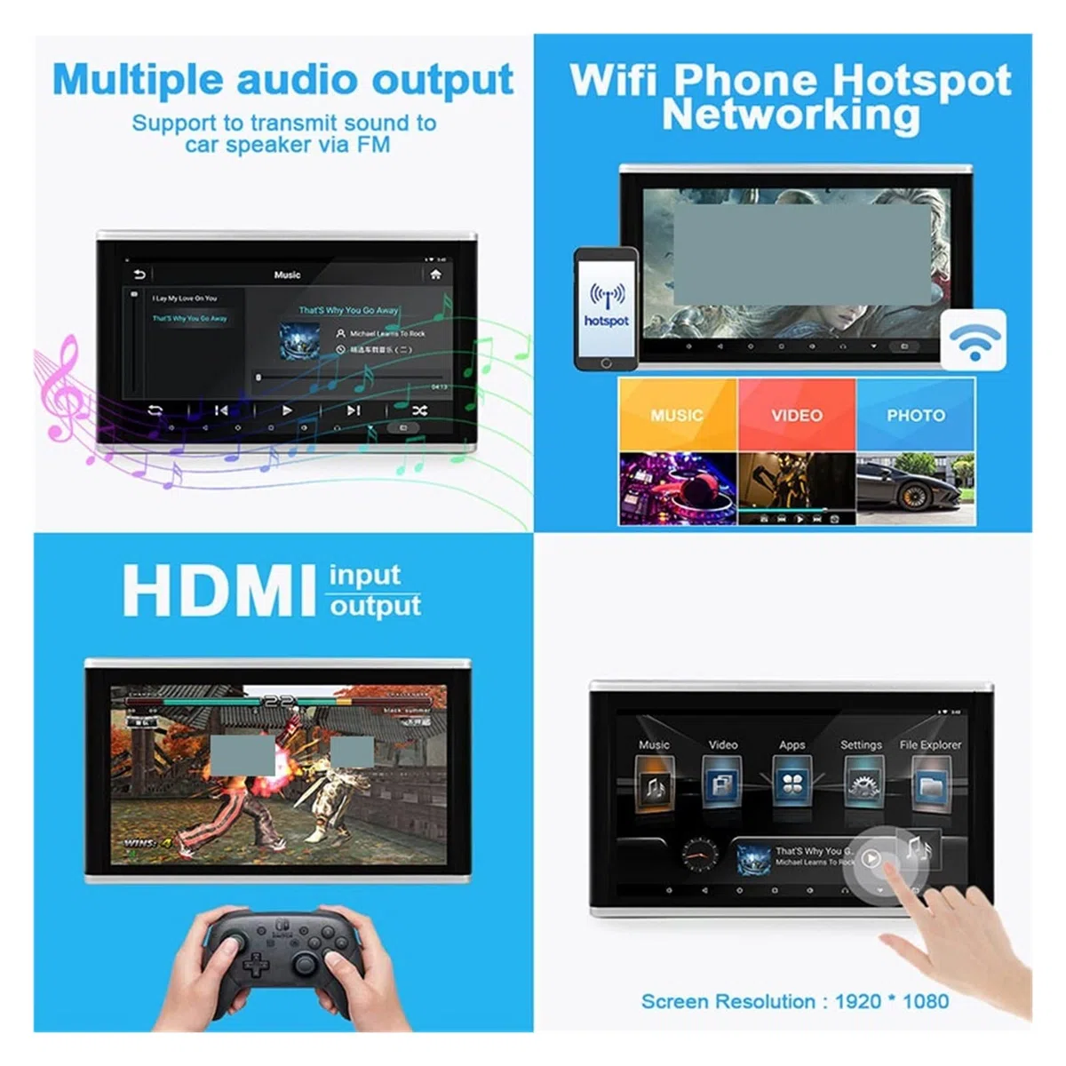 Kopfstützenmonitor 13-Zoll-IPS-Bildschirm Fahrzeuganzeige mit HDMI-Ausgang Spiegelung Rücksitz-Auto-Videoplayer(1 PCS Silver 11.6)