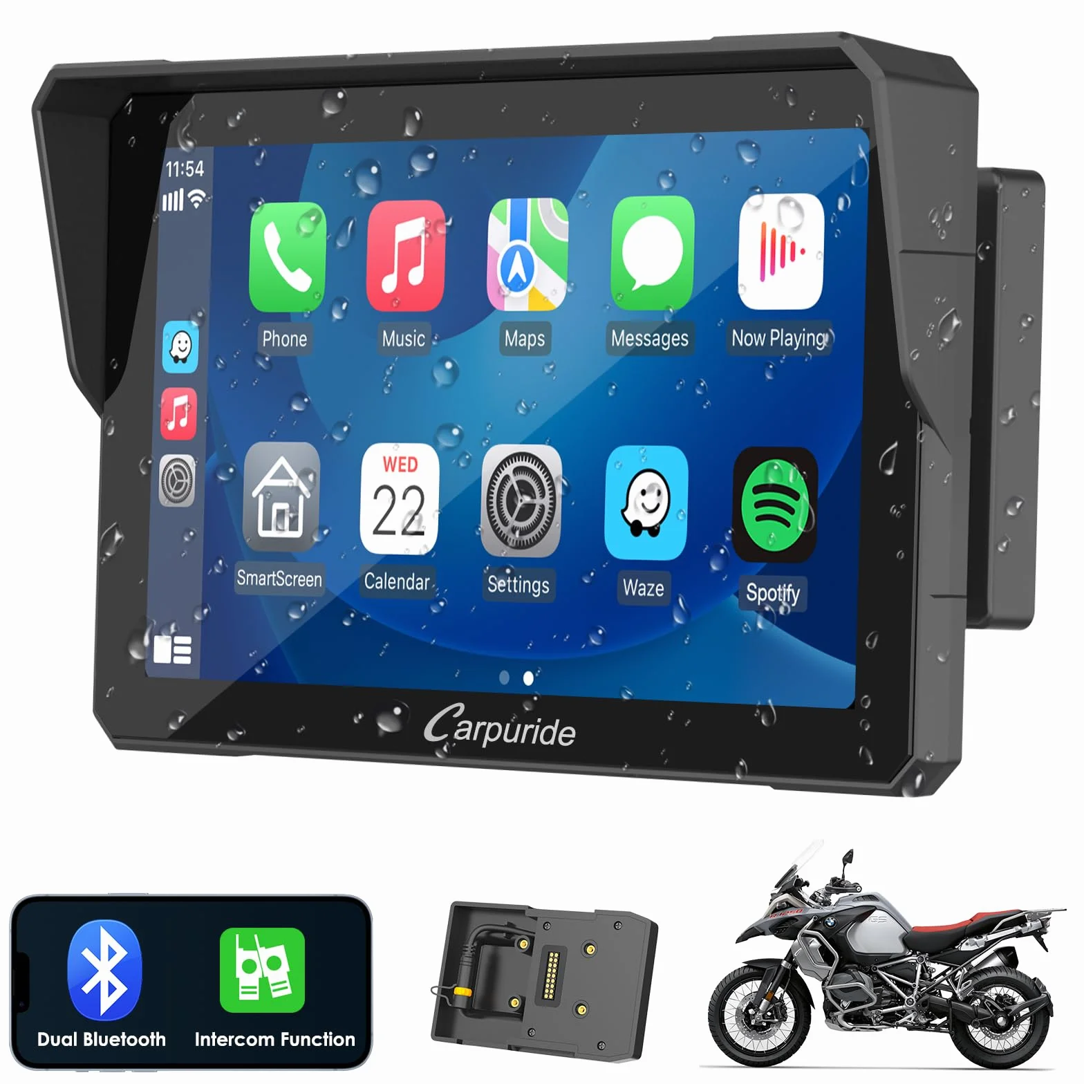 Carpuride W702B Pro Motorrad-Carplay-Bildschirm mit Halterung für BMW-Motorräder, Kabelloses CarPlay & Android Auto, 7 Zoll-Wasserdichter-Touchscreen, Dual-Bluetooth, Gegensprechfunktion, Navigation.