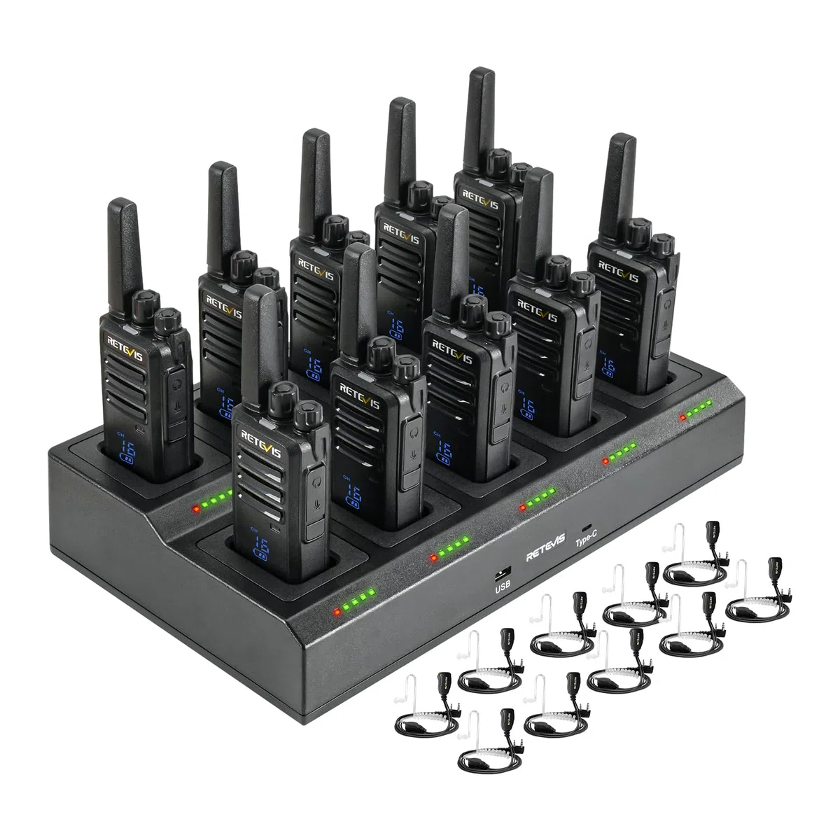 Retevis RT668H Funkgeräte Set mit Headset, 10-1 Ladegerät, PMR Radio mit Display, Klarem Klang, USB-C 1200mAh, Robust Profi Funkgerät, für Hotel/Sicherheit und Teamkommunikation (Walkie-Talkie-Set 10)