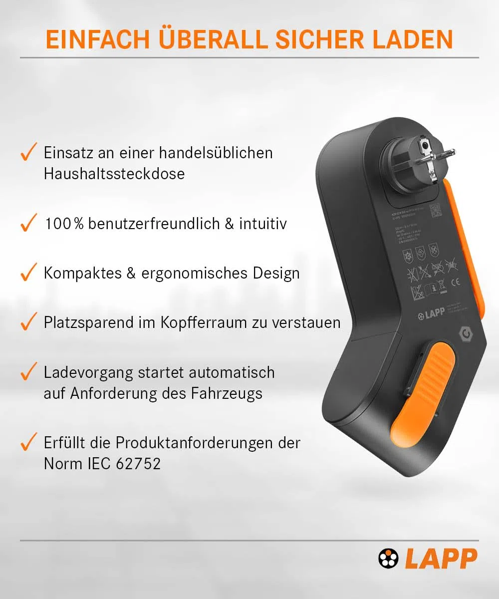 Lapp Mobility Dock/Mobiles EV Ladegerät für die Haushaltssteckdose/Notladegerät für E-Autos/Tragbares E-Auto Ladegerät für Unterwegs/Ladegerät für Elektro- und Plug-in / IP44
