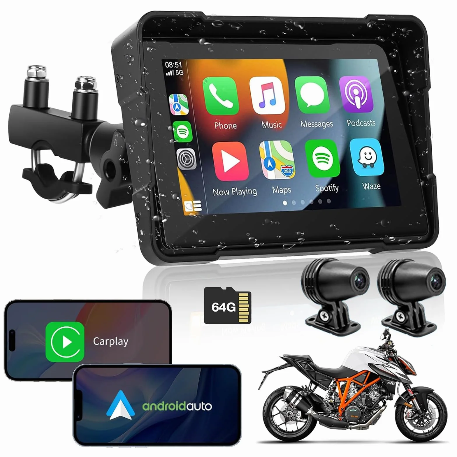 Motorrad Carplay & Android Auto, Euakee 5 Zoll Wasserdichter Touchscreen Carplay, tragbares drahtloses Motorrad-GPS-Navigationssystem, Sprachsteuerung / 1000 Nit, Halterungen Enthalten