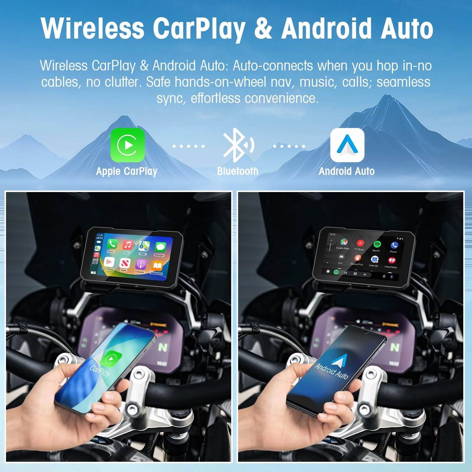 LEXXSON 5 Zoll Motorrad Carplay Display, Wireless Carplay & Android Auto, IP67 wasserdichtes GPS-Navigationsgerät, HD-Touchscreen, schneller Start, Audio- und Videotrennung für Motorräder