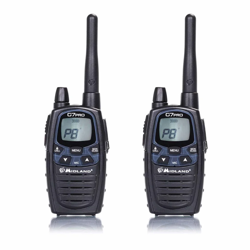 Midland G7 Pro PMR+LPD-Funkgerät C1090.06 Robustes Gerät für die Professionelle oder Private Nutzung, mit LCD-Display, inklusive Doppelstandlader und Gürtelclips, 2 Stück im Set