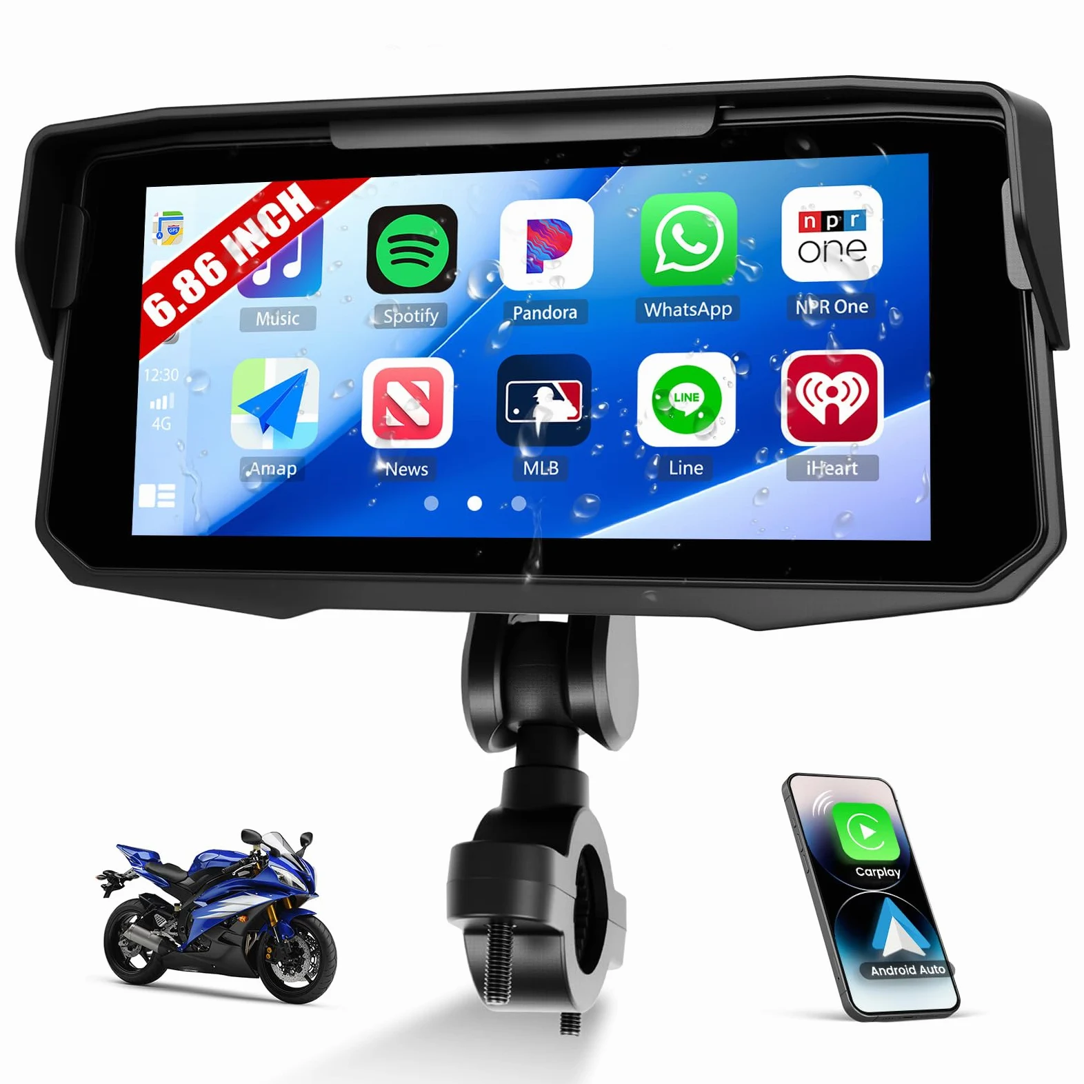 [2026] CAMECHO Wireless Carplay 6.86 Zoll Moto Display mit Android Auto IP68 Wasserdicht, Touchscreen Navigator mit Bluetooth Airplay Android Cast EQ Sound Breite Anpassungsfähigkeit +1280 * 480 HD