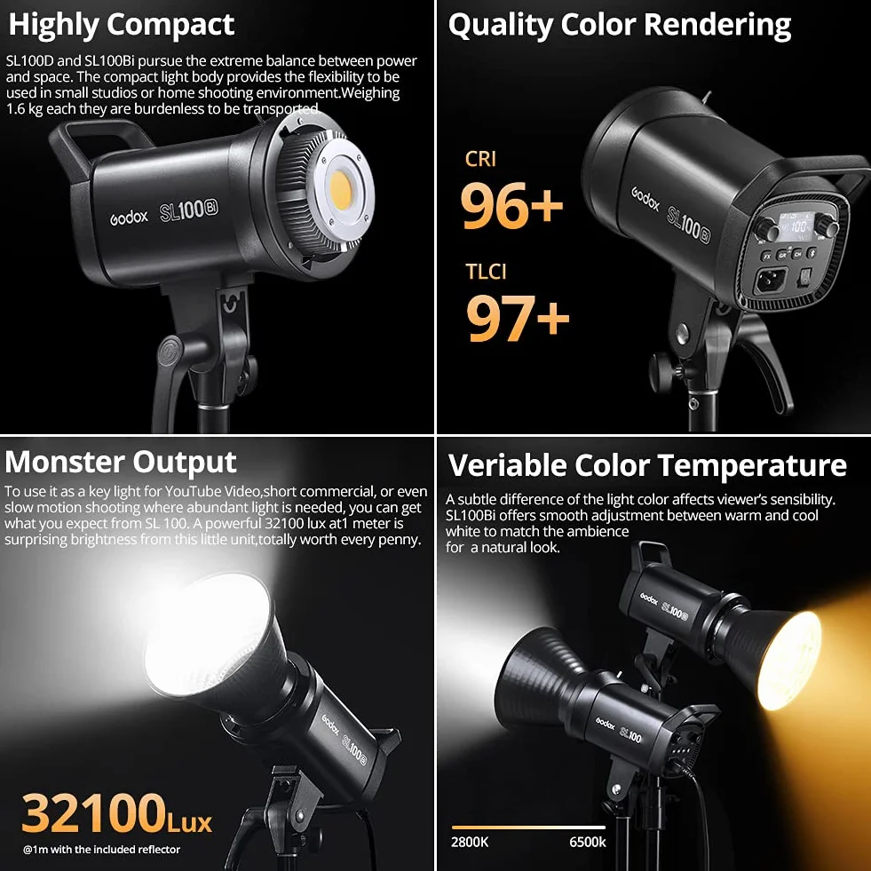 GODOX SL100Bi 2X 100W Duale Farbtemperatur LED-Videoleuchte + AMBITFUL 60 x 90 cm Softbox,280 cm Lichtstativ, Wabengitter, Mit Fernbedienung Geeignet für Filmstudios, Fotostudios