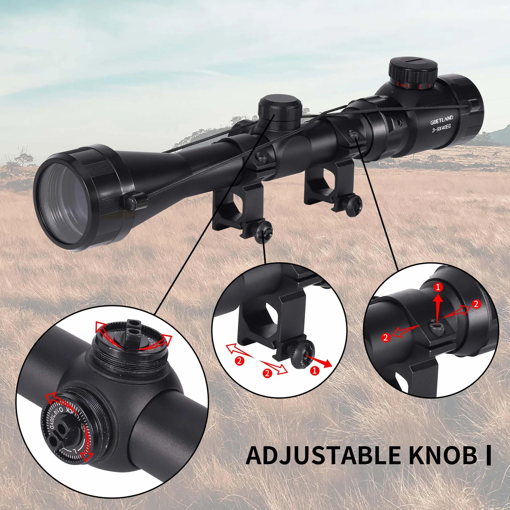 Goetland Gewehr Zielfernrohr 3-9x40 EG Airsoft Rot Grün Fadenkreuz mit Montage Ringe SFP für Taktische Jagd Armbrust Luftgewehr Sportschützen